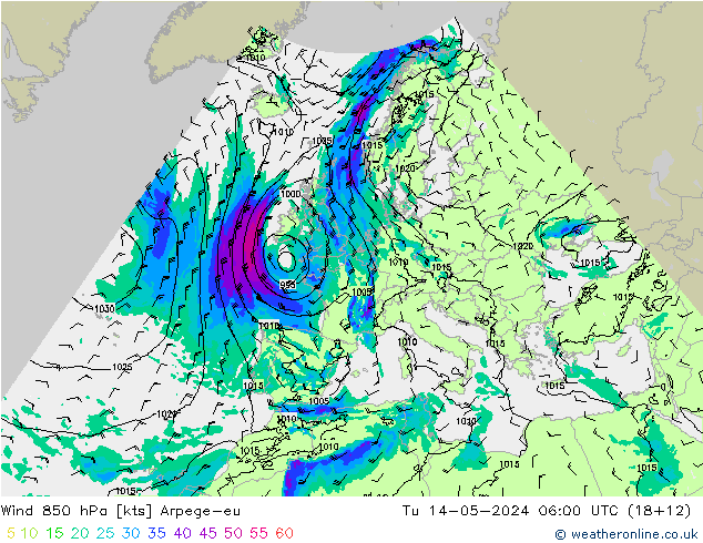 Wind 850 hPa Arpege-eu di 14.05.2024 06 UTC