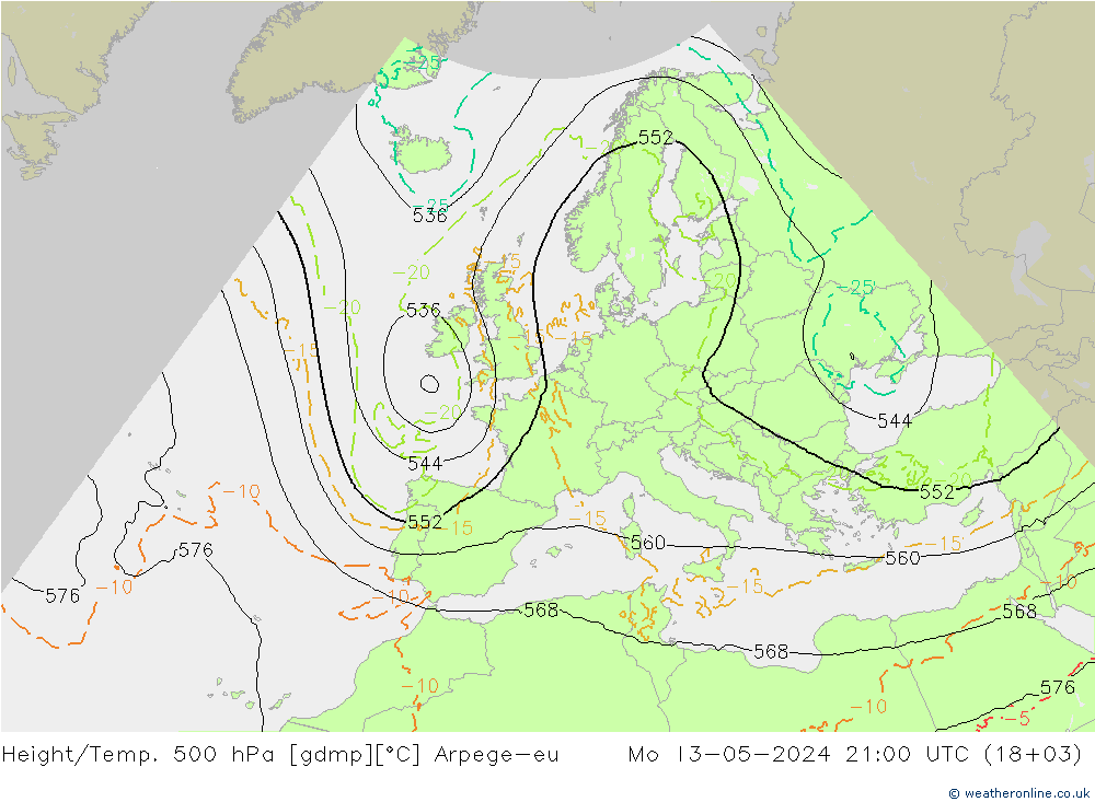 Height/Temp. 500 гПа Arpege-eu пн 13.05.2024 21 UTC