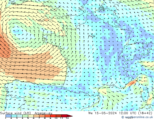 Surface wind (bft) Arpege-eu St 15.05.2024 12 UTC