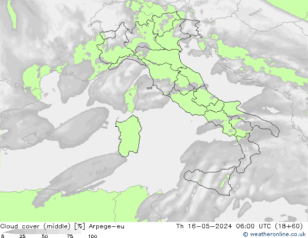 Cloud cover (middle) Arpege-eu Th 16.05.2024 06 UTC