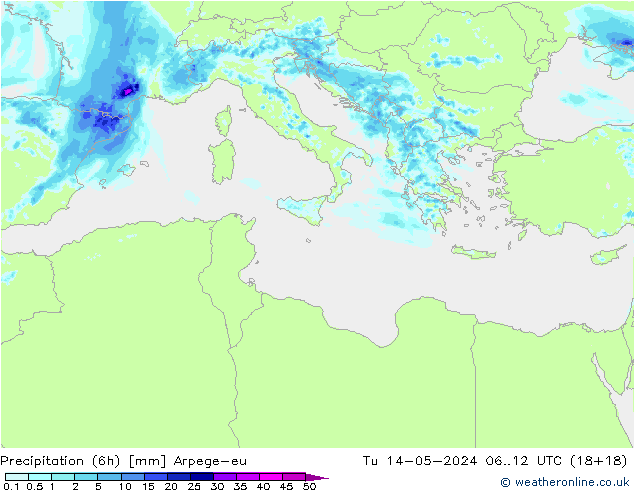 Precipitation (6h) Arpege-eu Tu 14.05.2024 12 UTC