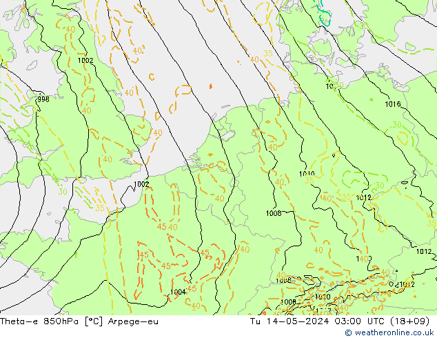 Theta-e 850hPa Arpege-eu Di 14.05.2024 03 UTC