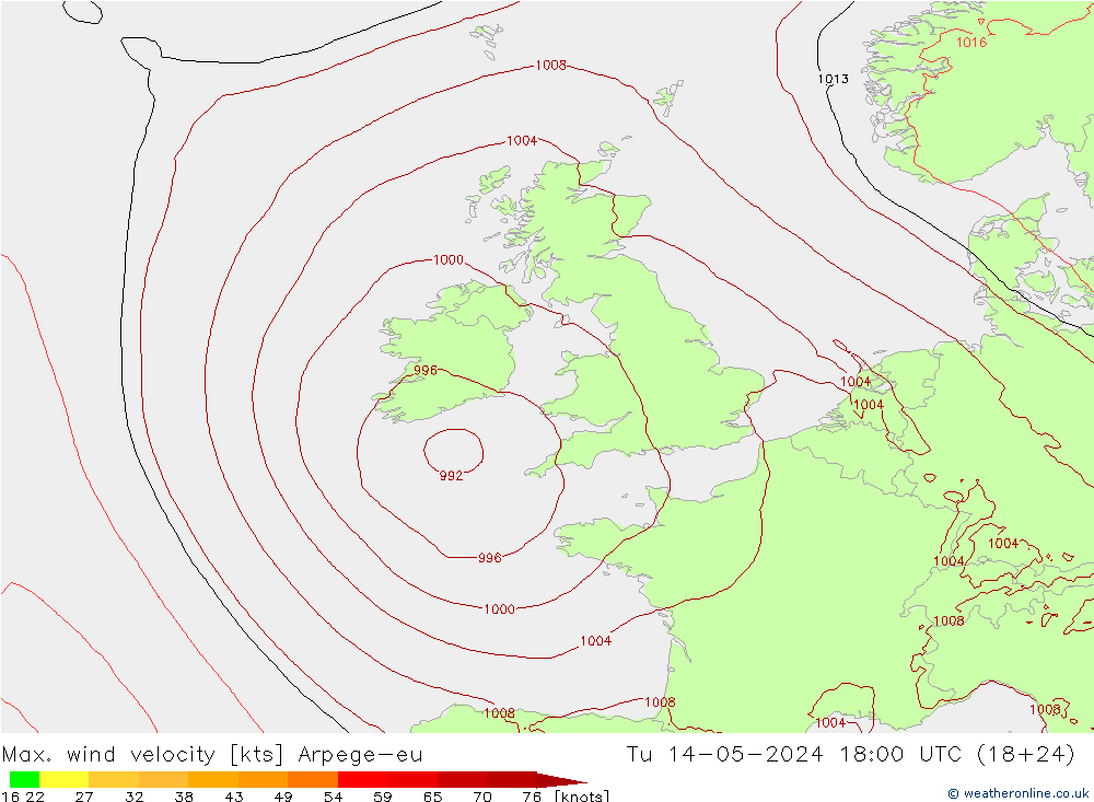 Max. wind velocity Arpege-eu Ter 14.05.2024 18 UTC