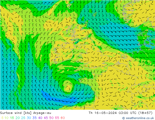 Surface wind Arpege-eu Th 16.05.2024 03 UTC