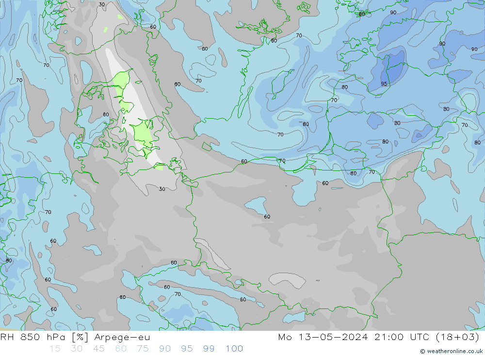 Humedad rel. 850hPa Arpege-eu lun 13.05.2024 21 UTC
