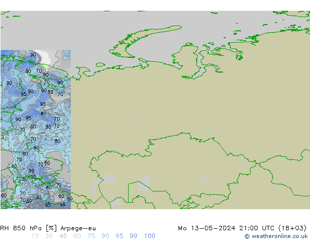 Humidité rel. 850 hPa Arpege-eu lun 13.05.2024 21 UTC