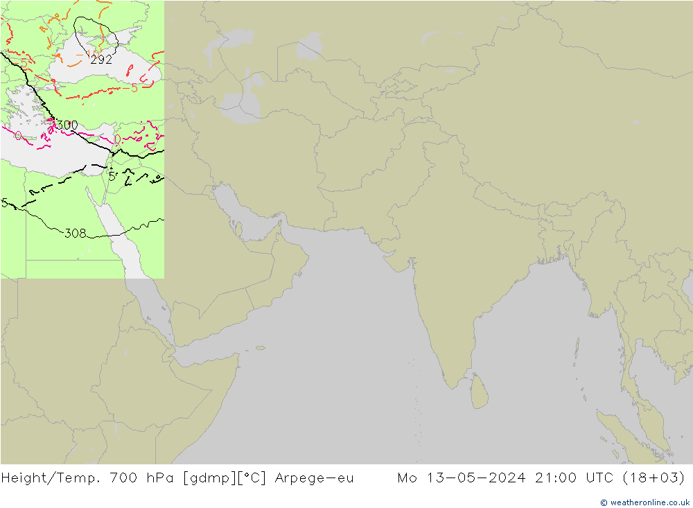 Height/Temp. 700 hPa Arpege-eu 星期一 13.05.2024 21 UTC
