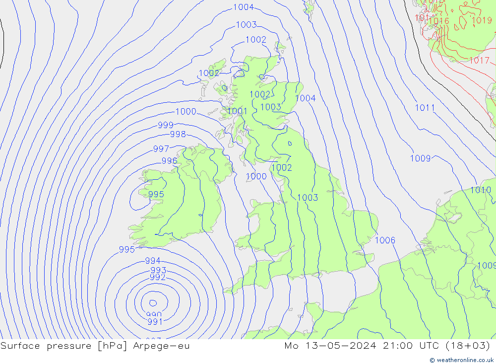 Atmosférický tlak Arpege-eu Po 13.05.2024 21 UTC