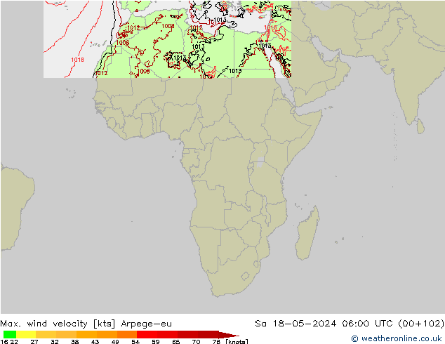 Max. wind velocity Arpege-eu Sáb 18.05.2024 06 UTC