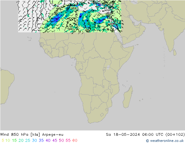 Wind 850 hPa Arpege-eu Sa 18.05.2024 06 UTC