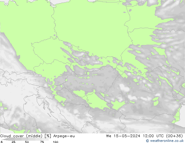 Cloud cover (middle) Arpege-eu We 15.05.2024 12 UTC