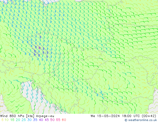 wiatr 850 hPa Arpege-eu śro. 15.05.2024 18 UTC