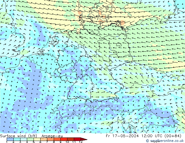 Surface wind (bft) Arpege-eu Pá 17.05.2024 12 UTC