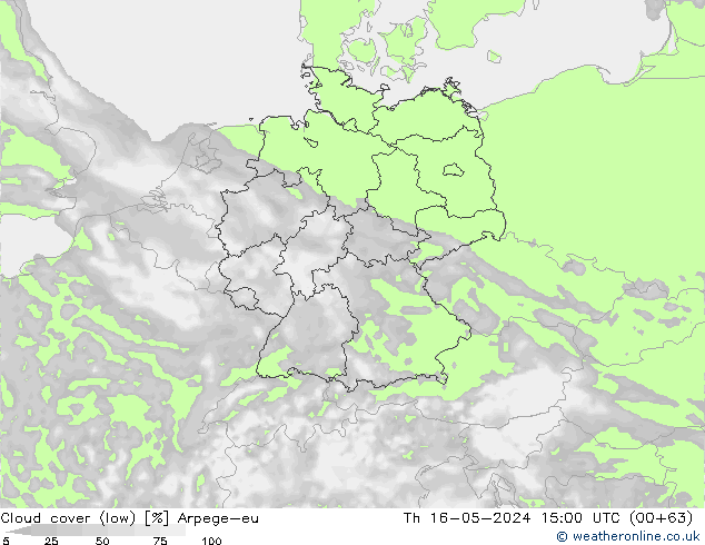 Cloud cover (low) Arpege-eu Th 16.05.2024 15 UTC