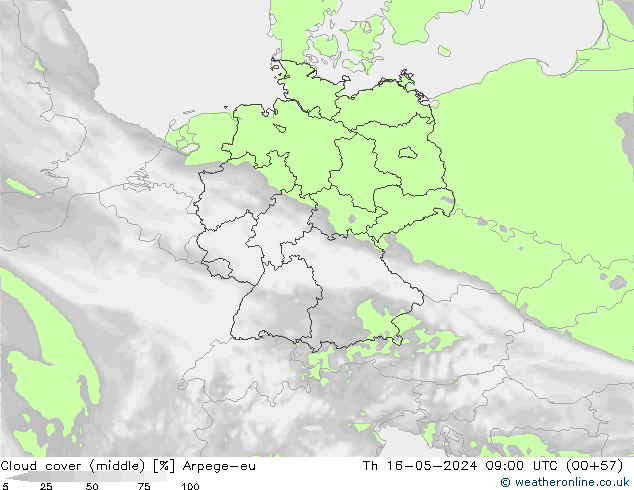 Cloud cover (middle) Arpege-eu Th 16.05.2024 09 UTC
