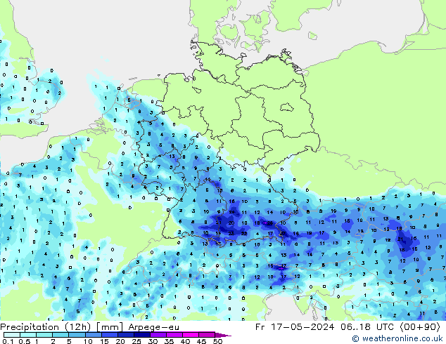 Totale neerslag (12h) Arpege-eu vr 17.05.2024 18 UTC