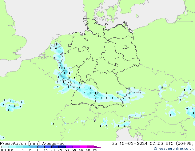 Srážky Arpege-eu So 18.05.2024 03 UTC