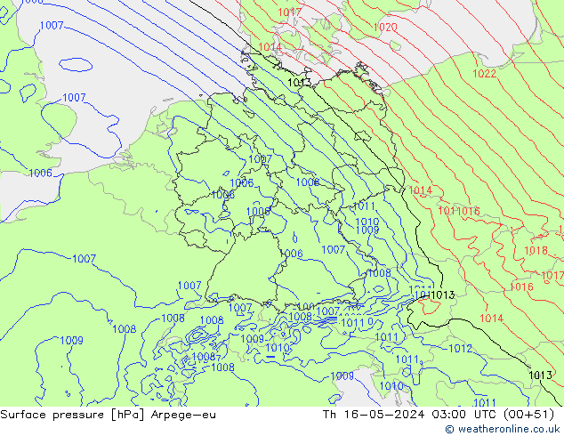 Presión superficial Arpege-eu jue 16.05.2024 03 UTC