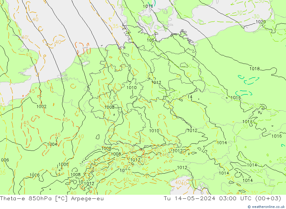 Theta-e 850hPa Arpege-eu mar 14.05.2024 03 UTC