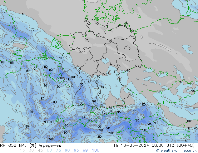 Humidité rel. 850 hPa Arpege-eu jeu 16.05.2024 00 UTC