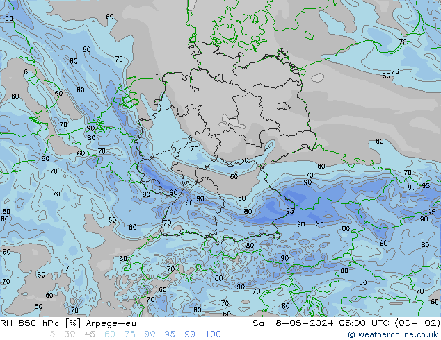 Humidité rel. 850 hPa Arpege-eu sam 18.05.2024 06 UTC
