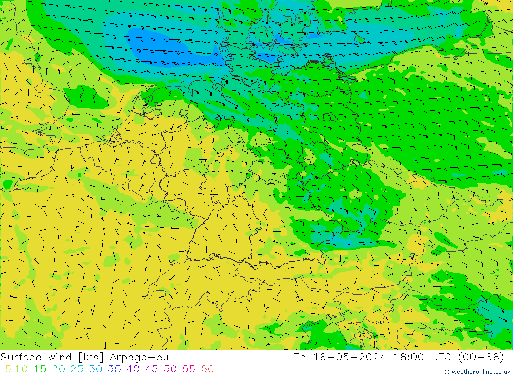 Surface wind Arpege-eu Čt 16.05.2024 18 UTC