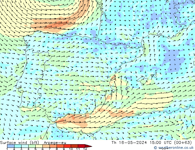 Surface wind (bft) Arpege-eu Th 16.05.2024 15 UTC
