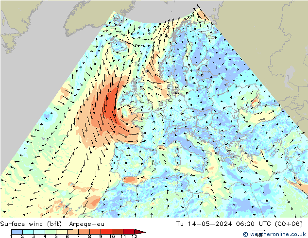 Surface wind (bft) Arpege-eu Tu 14.05.2024 06 UTC