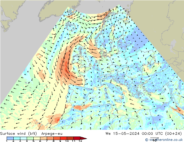 Surface wind (bft) Arpege-eu We 15.05.2024 00 UTC