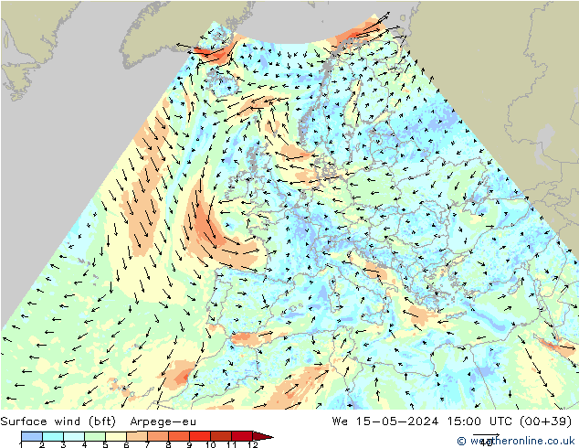 Surface wind (bft) Arpege-eu We 15.05.2024 15 UTC