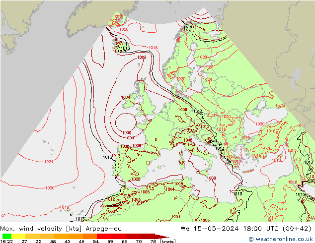 Max. wind velocity Arpege-eu ср 15.05.2024 18 UTC