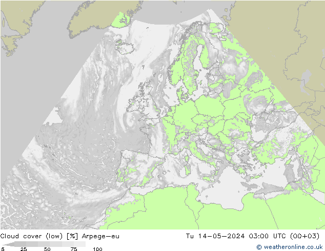 Cloud cover (low) Arpege-eu Tu 14.05.2024 03 UTC