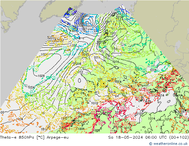 Theta-e 850hPa Arpege-eu Sa 18.05.2024 06 UTC