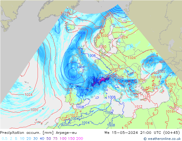 Precipitation accum. Arpege-eu St 15.05.2024 21 UTC