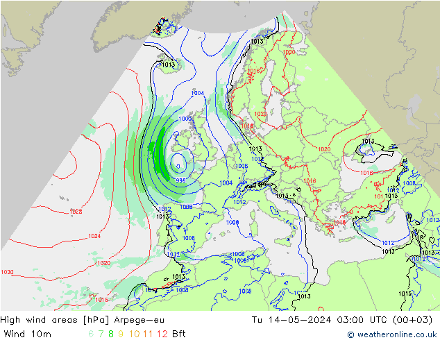 High wind areas Arpege-eu Tu 14.05.2024 03 UTC