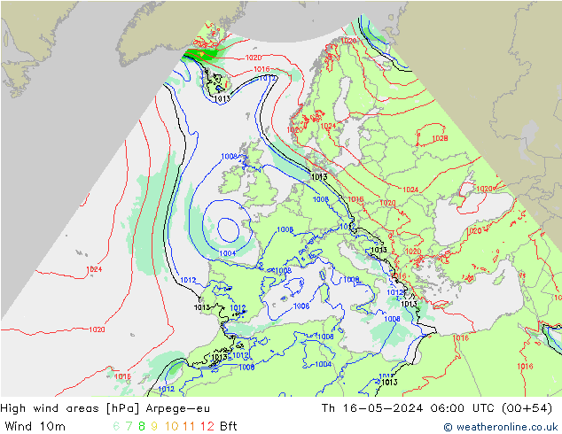High wind areas Arpege-eu  16.05.2024 06 UTC