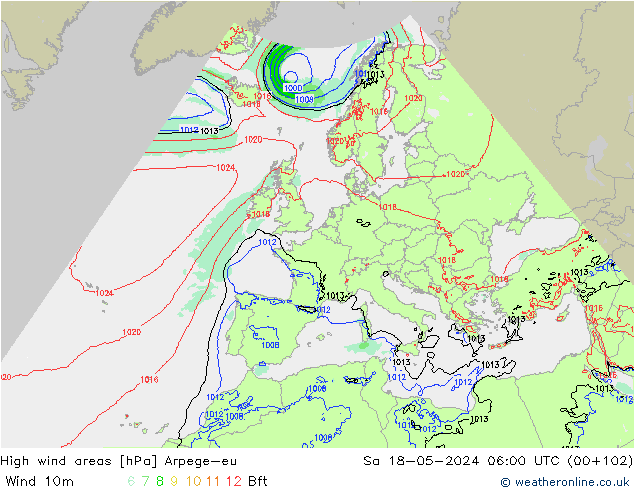 High wind areas Arpege-eu Sáb 18.05.2024 06 UTC