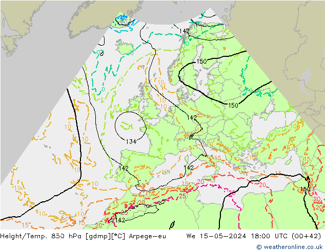 Hoogte/Temp. 850 hPa Arpege-eu wo 15.05.2024 18 UTC