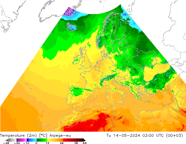 Temperaturkarte (2m) Arpege-eu Di 14.05.2024 03 UTC