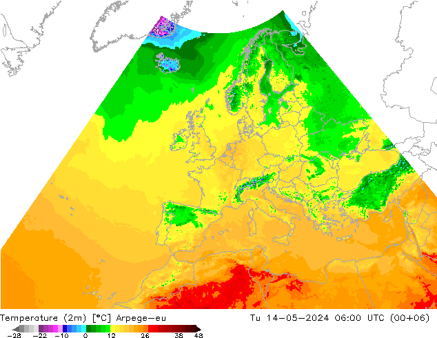 Temperature (2m) Arpege-eu Út 14.05.2024 06 UTC