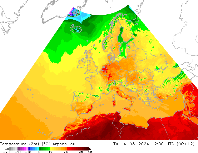 Temperatuurkaart (2m) Arpege-eu di 14.05.2024 12 UTC