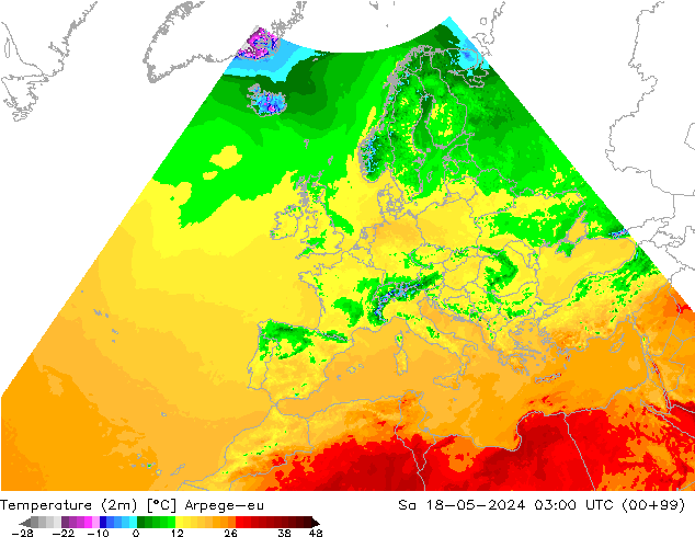 Temperaturkarte (2m) Arpege-eu Sa 18.05.2024 03 UTC