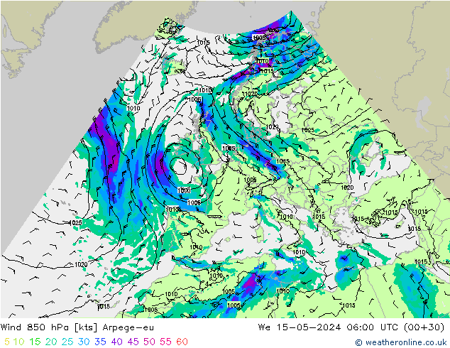Wind 850 hPa Arpege-eu We 15.05.2024 06 UTC