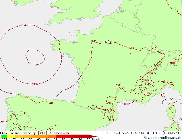 Max. wind velocity Arpege-eu Qui 16.05.2024 09 UTC