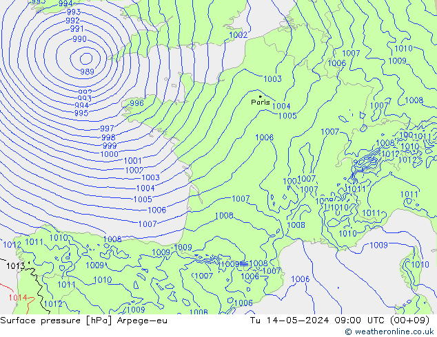 Surface pressure Arpege-eu Tu 14.05.2024 09 UTC