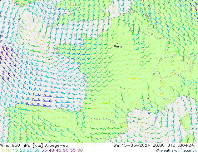 wiatr 850 hPa Arpege-eu śro. 15.05.2024 00 UTC