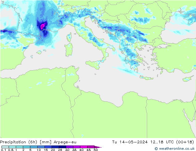 Yağış (6h) Arpege-eu Sa 14.05.2024 18 UTC