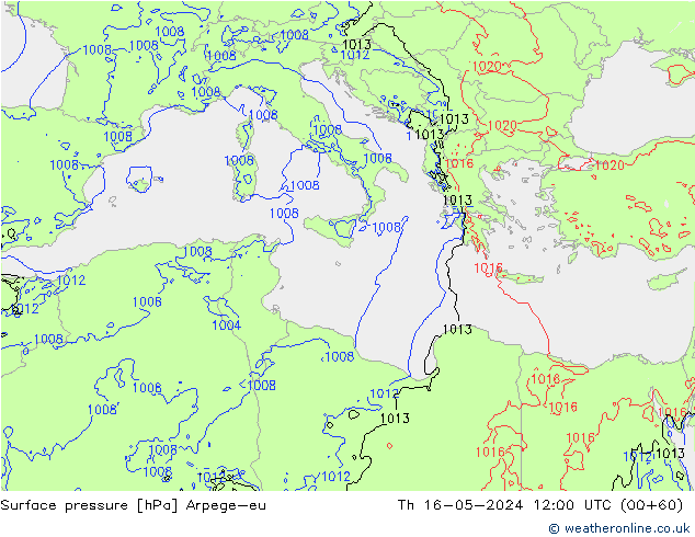 Atmosférický tlak Arpege-eu Čt 16.05.2024 12 UTC