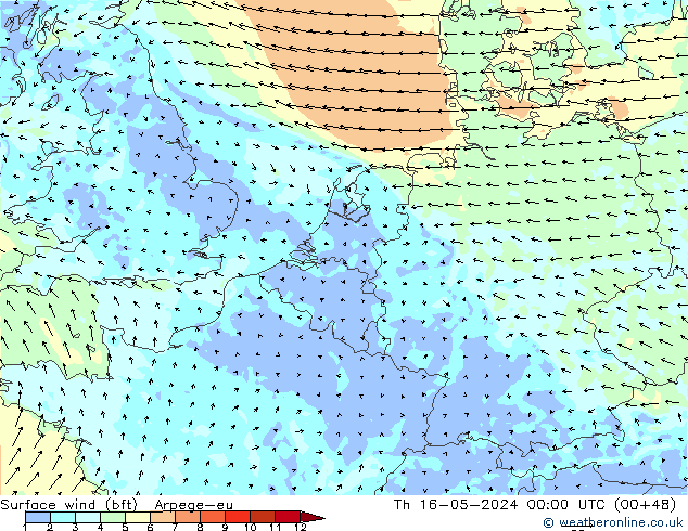 Surface wind (bft) Arpege-eu Th 16.05.2024 00 UTC
