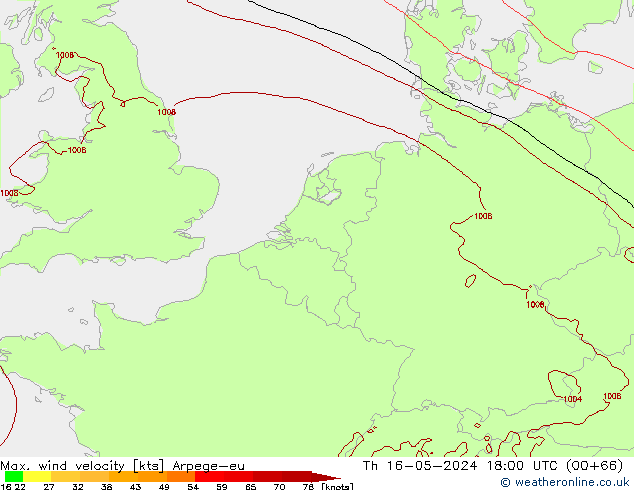 Max. wind velocity Arpege-eu Th 16.05.2024 18 UTC